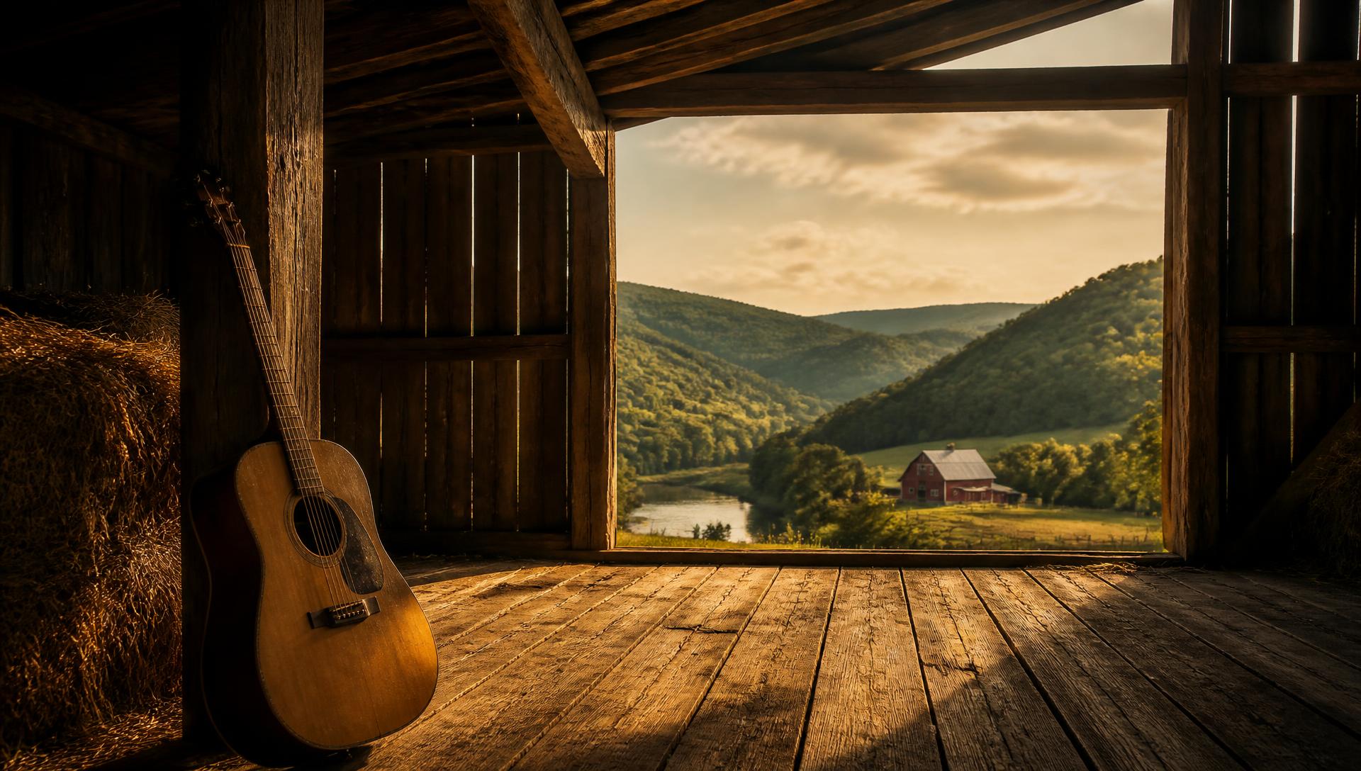An acoustic guitar in a timber barn overlooking a Pennsylvania valley with a red barn on the river